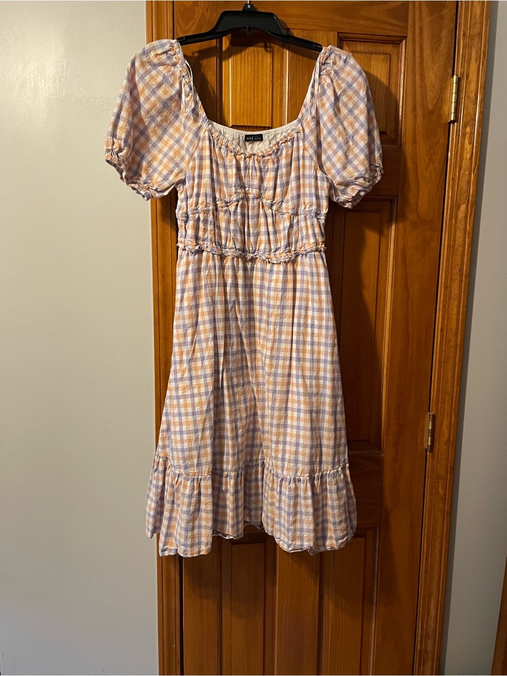 Very J Lavender and Peach Plaid Midi Dress with Puff Sleeves